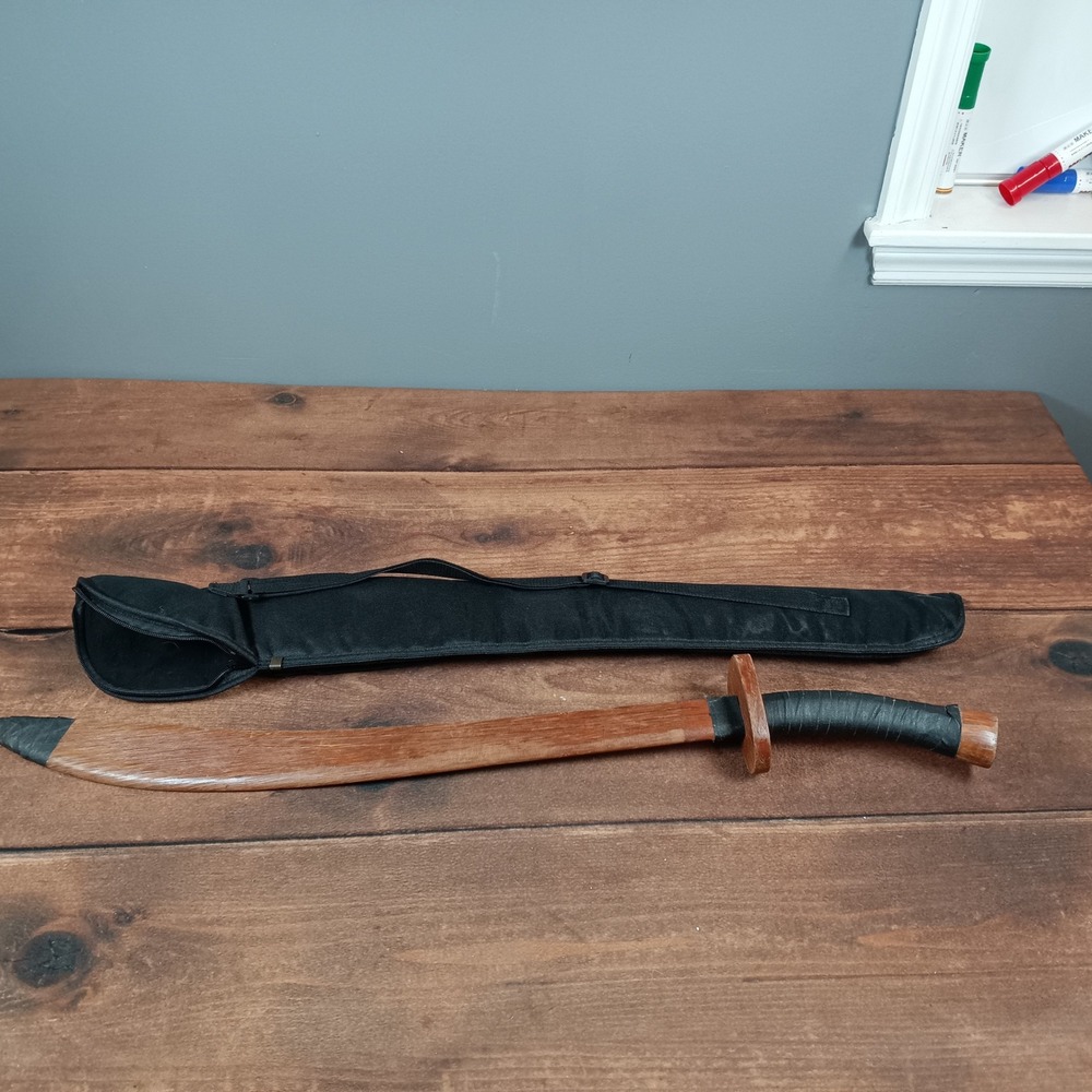 Wooden Martial Art Training Sword Curved Practice Blade with Carrying Case Brown